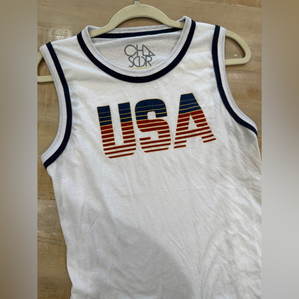 USA CHASER Racerback white tank top red blue white shirt